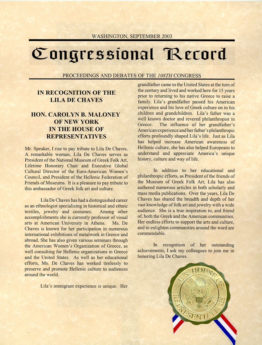 Congressional award of Lila de Chaves